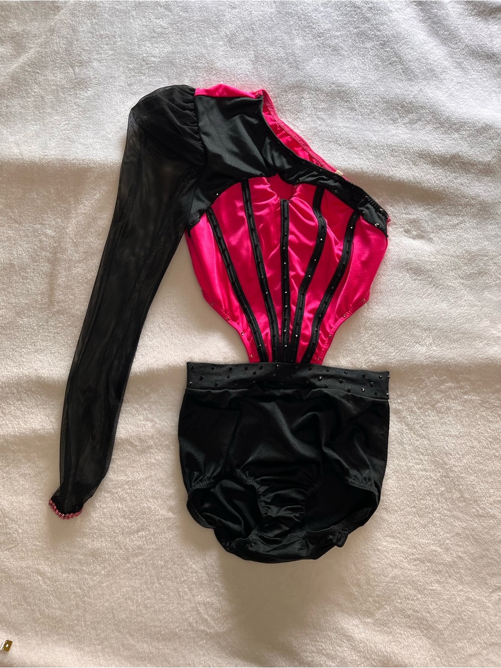 Hot Pink Black One Sleeve Cutout Rhinestone Dance Costume Leotard Jazz Sz S EUC